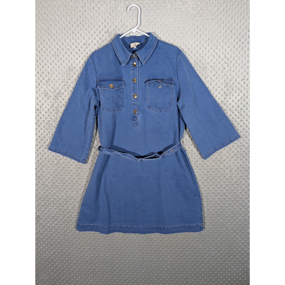 Tuckernuck Indigo Denim Lexi Dress Womens XL Blue Gold Snap Stretch Belted EUC - Picture 3 of 16
